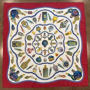 Hermes Red and White Silk Scarf with Intricate Design